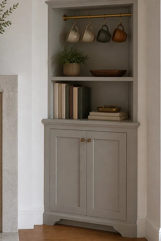 A small corner bookshelf unit with two closed cabinet doors on the bottom and open shelves on top. The open shelf holds decorative coffee books and a small tray. The closed doors hide the espresso machine and extra supplies. Inside the top shelf, mugs hang from a rail.