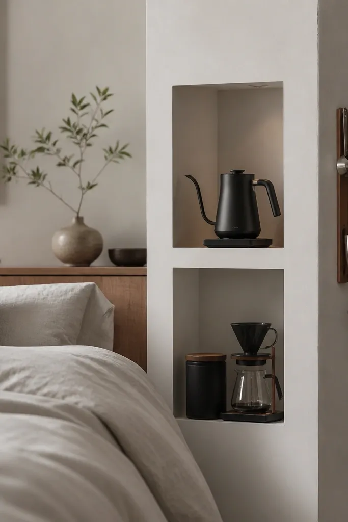 A bedroom corner has two recessed wall niches. The lower niche holds a small canister and a dripper stand. The upper niche holds a kettle on a heat mat. A magnetic strip on the side holds metal scoops and a tiny milk frother. Everything is flush against the wall.