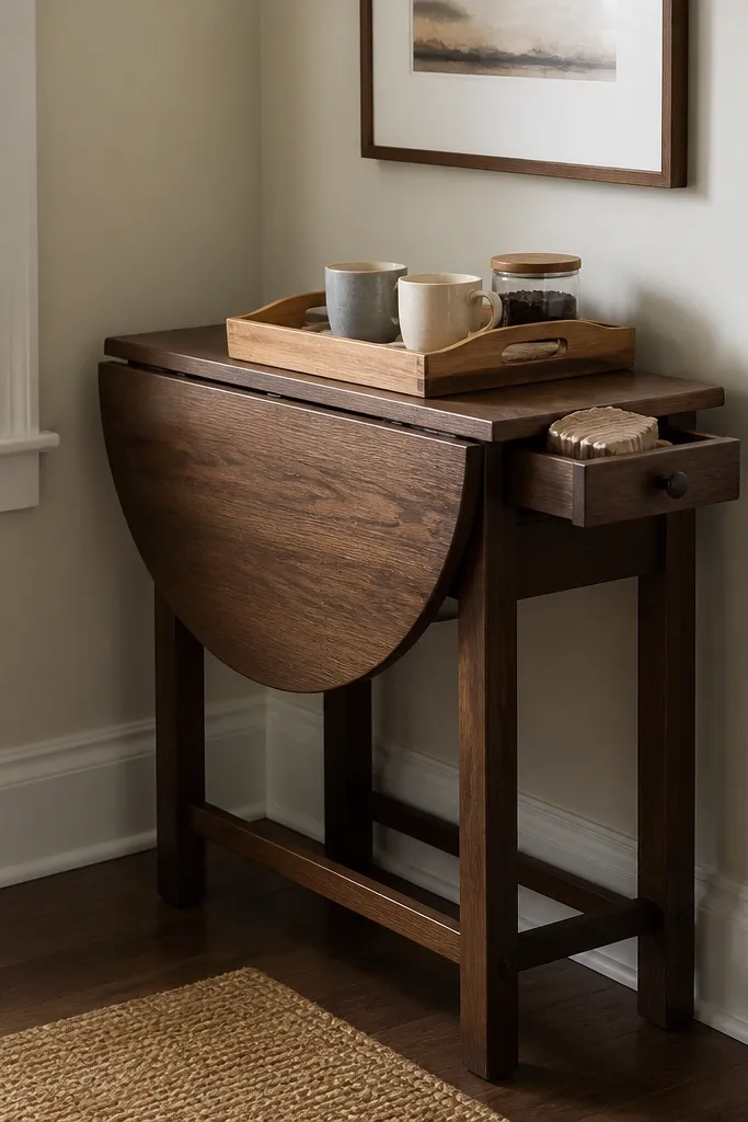A narrow drop-leaf table is placed in the corner with one leaf down. When open, it forms a small bar surface. On top is a folding tray with mugs and a small jar. The drawer beneath holds filters. A wall outlet is hidden behind the closed leaf.