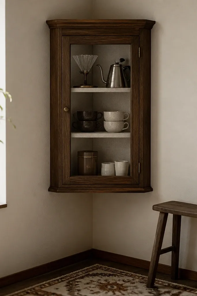 A small wall cabinet with a glass door is installed in a corner. Inside, a fabric liner in beige holds stacked cups and a tin of coffee. The top shelf has a neatly arranged pour-over set. Outside, the cabinet is paired with a small rug and a narrow stool.