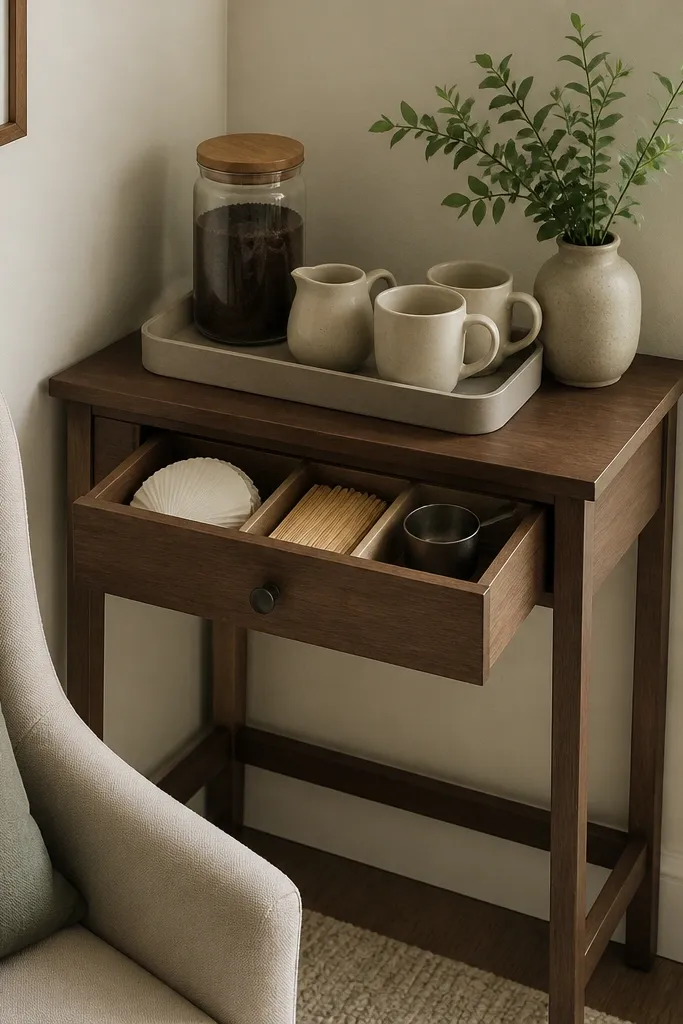 A narrow console table sits in the corner behind a chair. It has one drawer with a divider tray. On top is a tray holding a coffee jar, creamer, and two mugs. The drawer holds filters, stir sticks, and a small scoop holder.