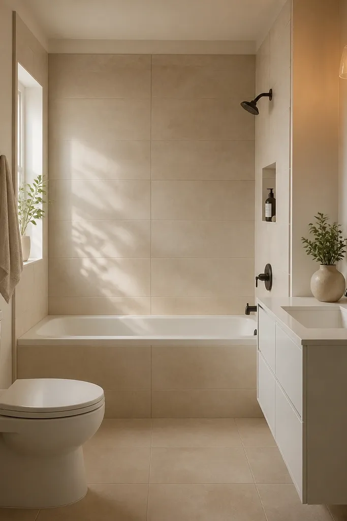 A narrow full bathroom with a 60-inch alcove tub in cream matte tile. The tub surround is tiled from floor height to the top edge, with a thin flat trim line. A white toilet sits to the left, and a simple rectangular mirror hangs above a slim white vanity on the right. Warm 2700K vanity lights cast a soft glow.