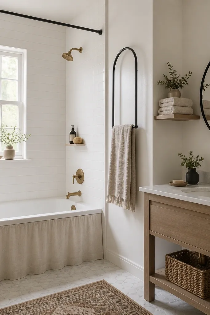 A full bathroom where the tub front has a fitted skirt made from a textured linen-blend fabric in warm ivory. The tub surround is simple white tile. A tall arched towel bar is mounted on the wall, and a small wall shelf holds neatly folded towels. A round mirror with a thin black frame hangs above a compact vanity.