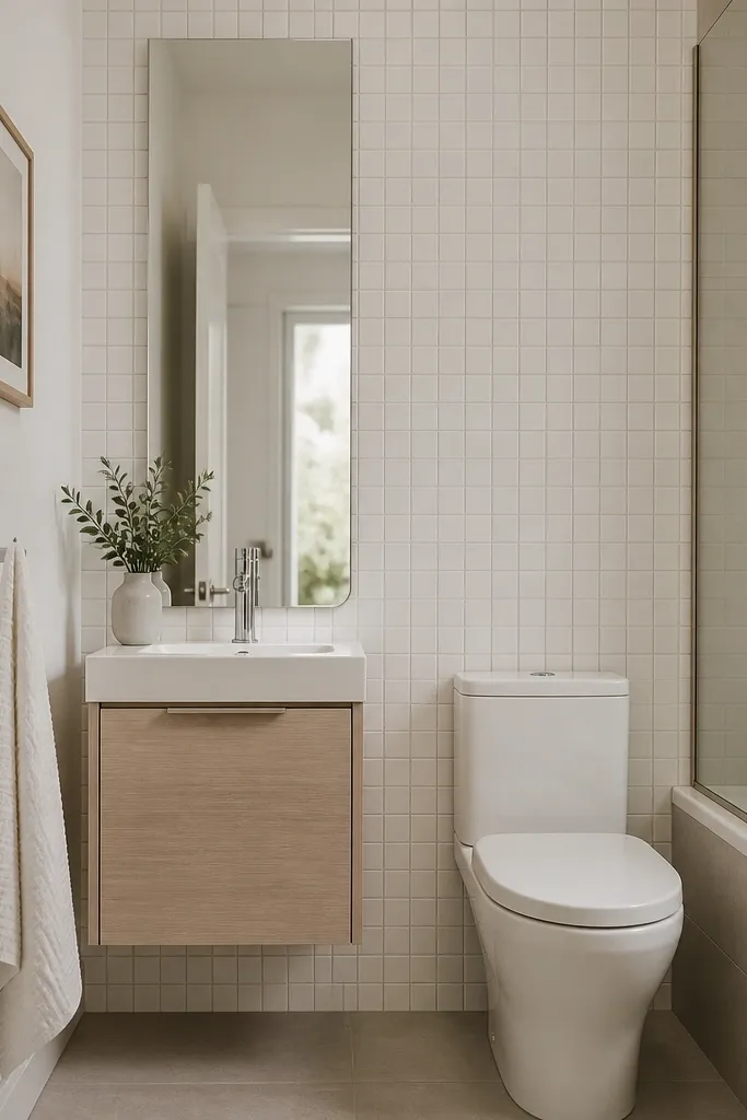 A small full bathroom with a floating vanity that's about 24 inches wide and has one deep drawer. The countertop is light quartz with a slim integrated sink. The wall behind the vanity has small square white tiles. A tall vertical mirror reflects the room, and a chrome faucet gleams above.