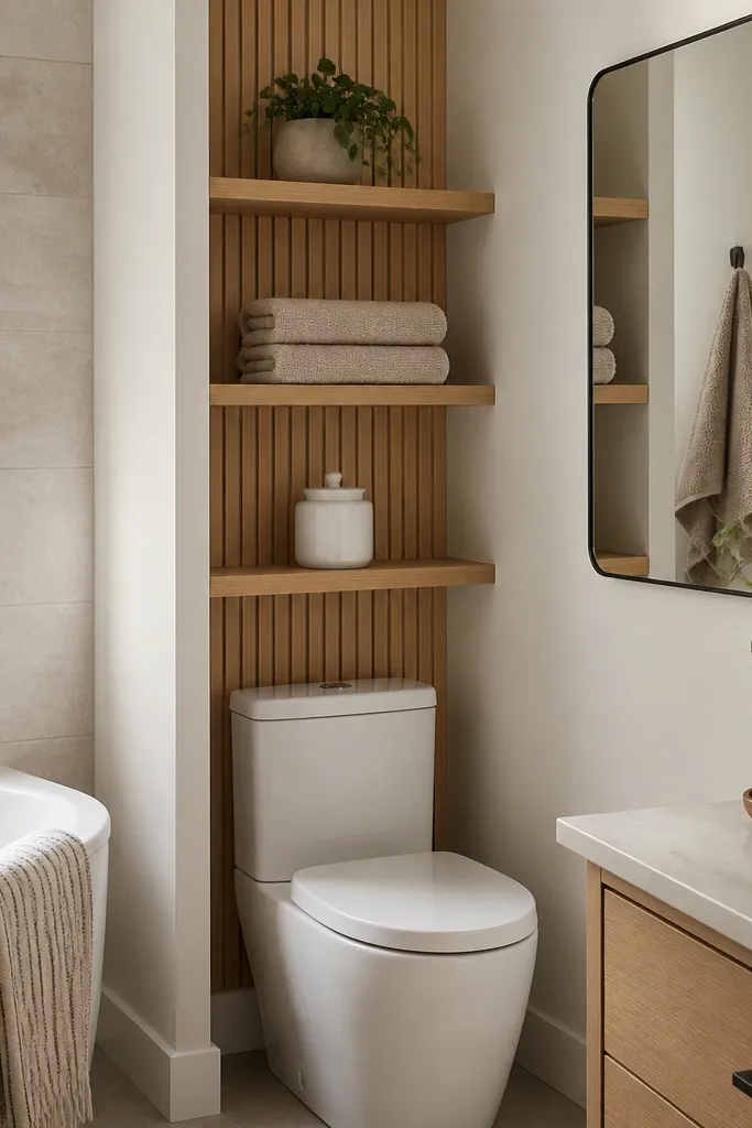 A tight bathroom with a toilet tucked into a corner. Above it is a vertical slat shelving unit in light oak with three narrow shelves. The shelves hold folded towels, a small plant, and a white ceramic canister. A rectangular mirror hangs on the wall beside the shelving, and the tub is visible on the opposite side.