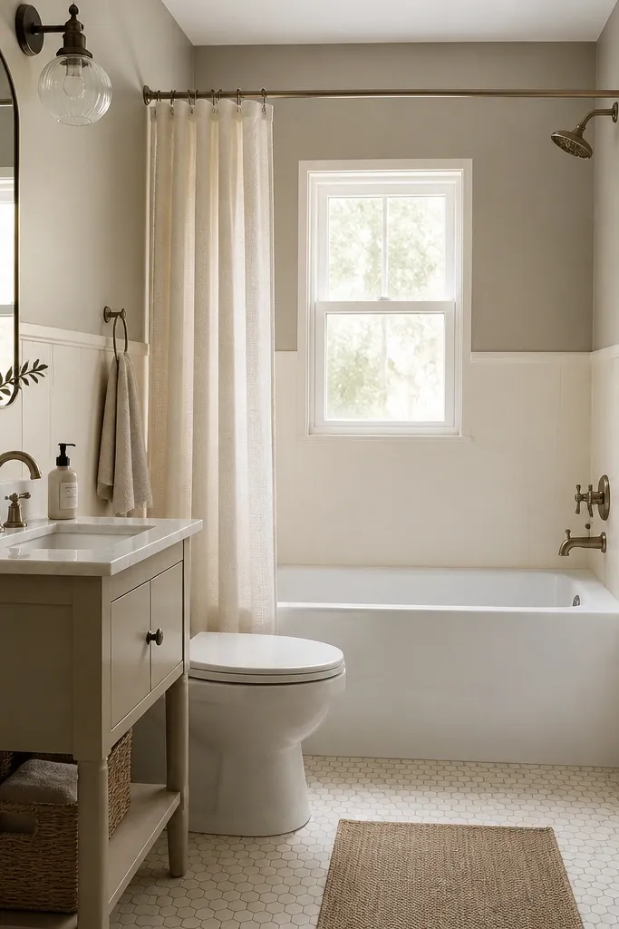 A small full bathroom painted in two tones. The bottom half is warm white and the top half is soft greige. A picture-frame molding line runs horizontally at about mid-wall height. A white tub sits in front of the greige section, with a simple shower curtain and a slim vanity below a tall mirror.