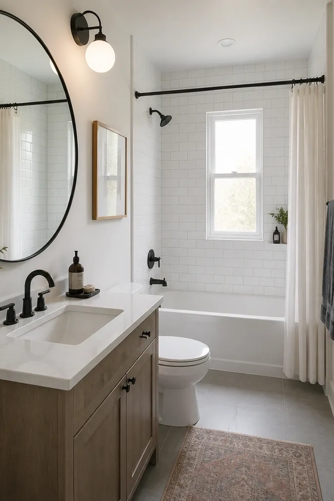 A small full bathroom with a large round mirror centered above a compact vanity. The mirror has a matte black frame and a slightly oversized diameter. The tub is on the far wall with a white tile surround. A black towel bar and matching accessories create a consistent look.
