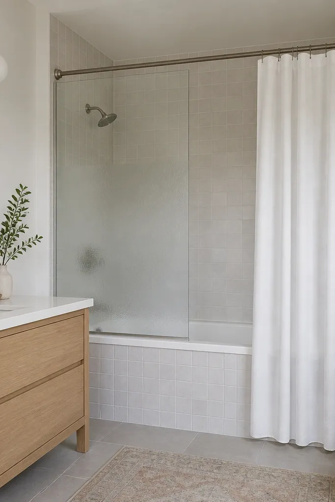 A bathroom with a tub and a clear, lightly frosted half-height glass-look panel on the wall side. The rest has a simple white shower curtain that falls straight down. The tub surround is light gray tile, and the vanity has a light wood cabinet with a white top.