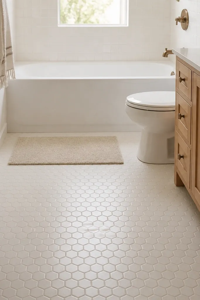 A small full bathroom floor tiled with warm white 2-inch hexagon tiles. The grout is light and matches the tile closely. The tub is white with a simple skirt, and the vanity has a light countertop. A small bath rug in oatmeal sits by the tub.