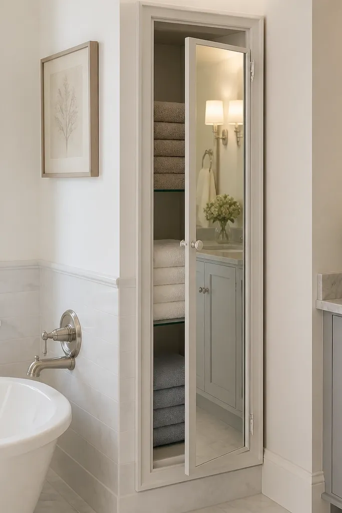A narrow linen cabinet next to the tub area with a mirrored door. The cabinet is about 10 to 12 inches wide and has one adjustable shelf inside. The mirror reflects the vanity light and part of the room. Towels are stacked neatly in color-coordinated piles.