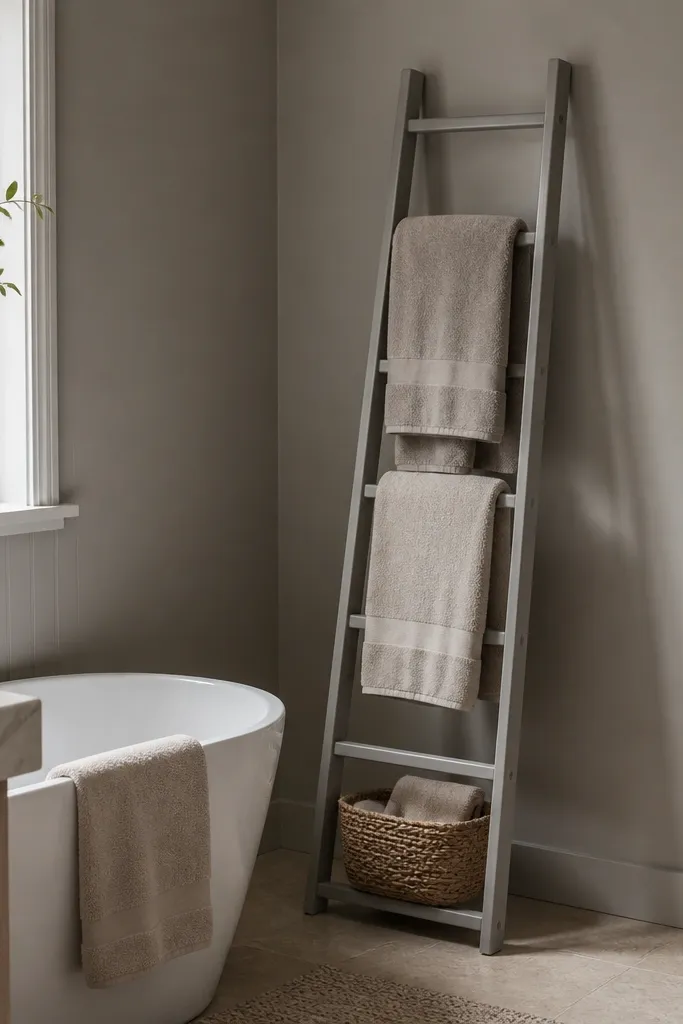 A small bathroom with a slim towel ladder leaning against the wall near the tub. The ladder is painted the same warm gray as the walls. Towels are folded and draped in matching shades, and a small basket sits at the bottom rung.