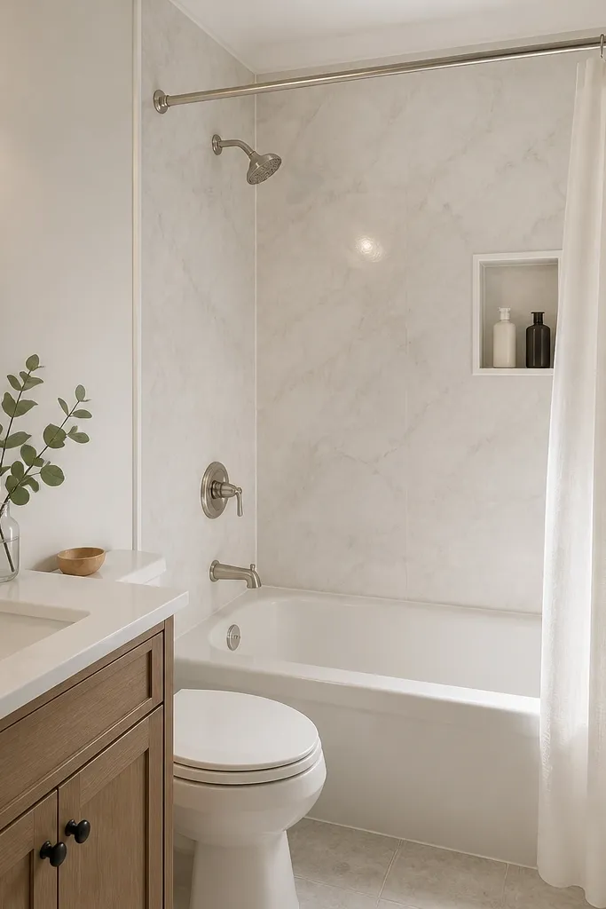 A tight bathroom where the tub surround is covered with waterproof wall panels in a light, subtle marbled finish. The panels have clean seams and a simple white trim. The shower curtain is white, and the vanity has a small round mirror.