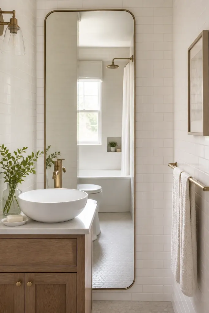 A small full bathroom with a compact vanity and a soft white vessel sink. The faucet is brushed brass and sits behind the bowl. A tall mirror reflects the tub and makes the room feel longer. The wall is covered in small white subway tiles.