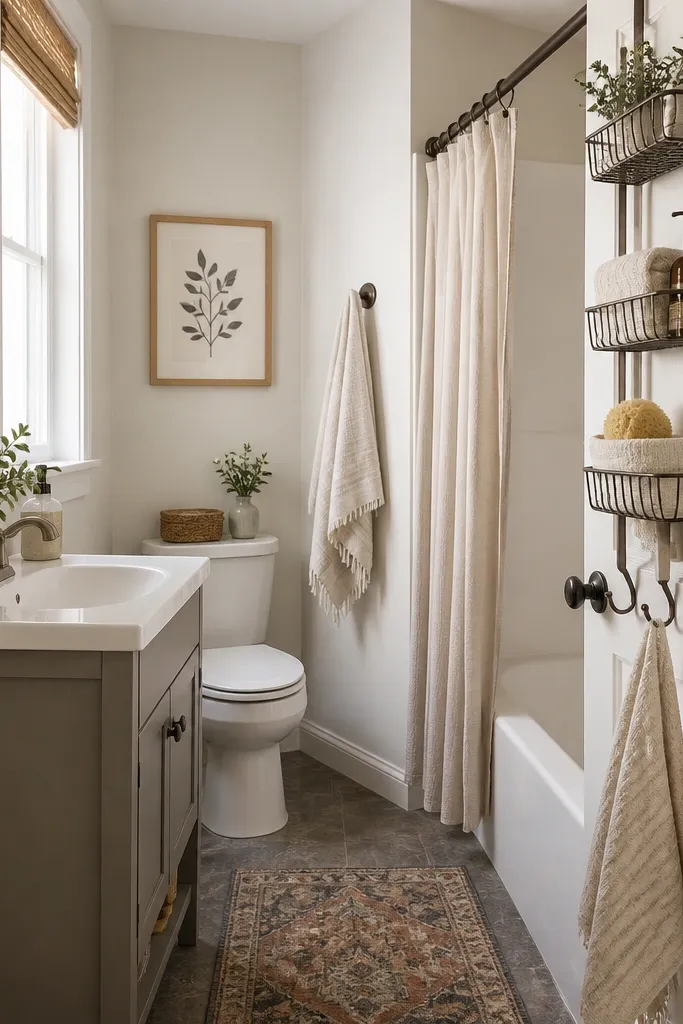 A small full bathroom where the toilet is tucked into the corner. Behind the bathroom door there is a slim over-the-door storage rack with hooks and shelves. The tub sits on the opposite wall with a simple curtain. A small wall mirror hangs near the vanity.