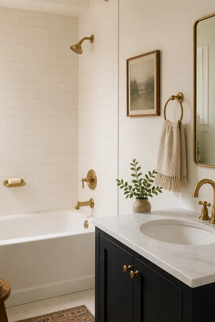 A small bathroom with warm white subway tile on the tub wall. The tiles are laid in a classic brick pattern with light grout. Brass accents appear on the faucet, towel ring, and a simple wall-mounted soap dish. The vanity mirror is a clean rectangle with a thin brass frame.