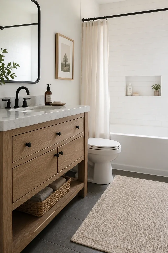 A small full bathroom with an oatmeal bath rug placed by the tub and vanity. The rug has a low pile and subtle texture. A black-framed mirror hangs above the vanity, and the tub surround is a clean white tile with a simple shower curtain.