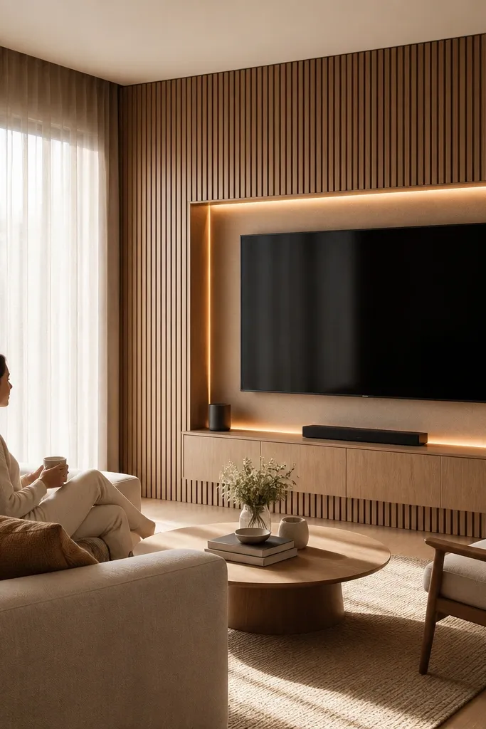 A modern living room TV wall made of horizontal oak veneer slats. The TV sits inside a recessed rectangular niche with thin shadow gaps around it. Below, there's a low floating console in the same wood tone. The wall lighting is hidden behind a cove strip, creating a warm halo.