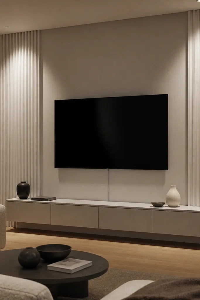 A TV wall with two fluted vertical columns on the left and right, painted in soft off-white. Between them is a large smooth center panel painted the same color. The TV is mounted inside a centered opening with a thin, dark trim line. The lighting is subtle, with a warm glow from behind the center panel edges.