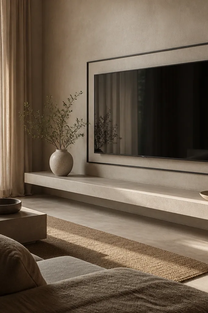 A TV wall in warm gray microcement with a subtle speckled texture. The TV sits inside a slim black steel rectangle frame with crisp corners. There's a small floating console in light oak, and a single recessed ceiling light washes the wall.
