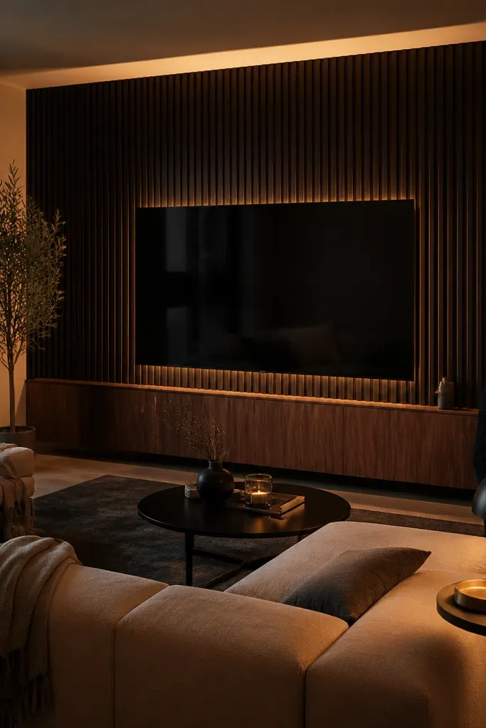 A dramatic TV wall with tall vertical black slats. The TV is centered on a smooth panel section between slats, and the console is walnut with a warm brown finish. There are hidden LEDs along the top edge of the feature zone.