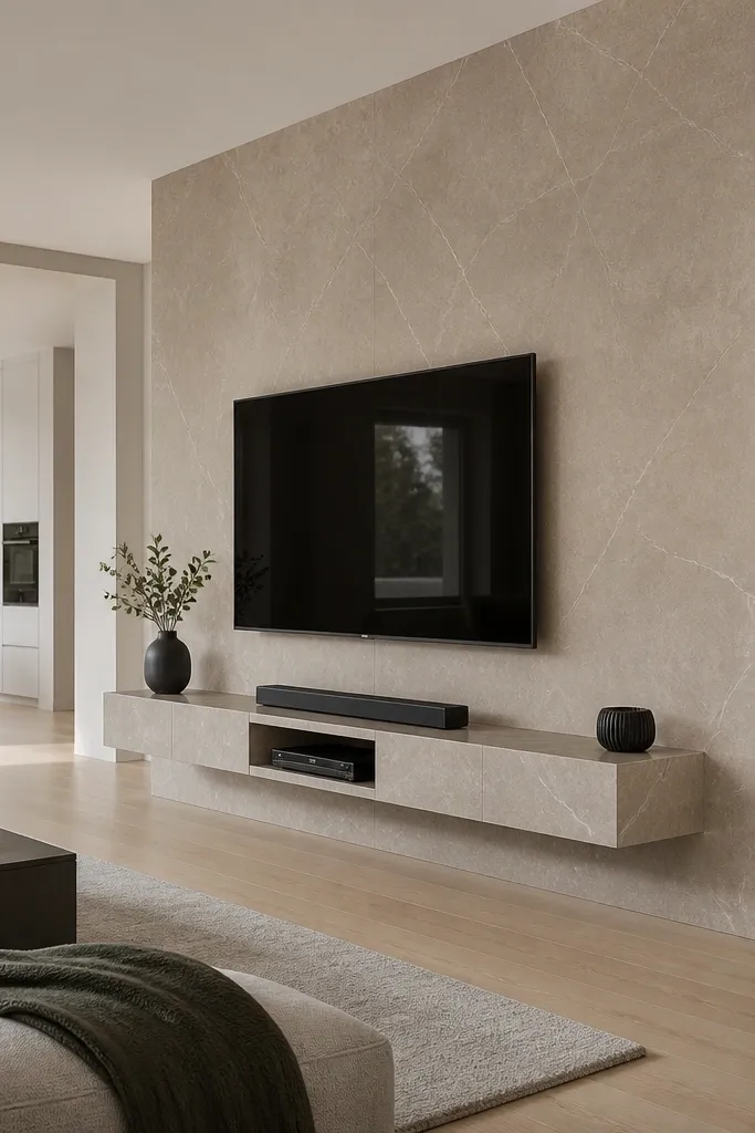 A TV wall clad in large-format stone-look porcelain panels in light limestone tones. The TV is mounted on a floating platform shelf that matches the stone. Edges are grouted minimally, and there are recessed spotlights that graze the surface texture.
