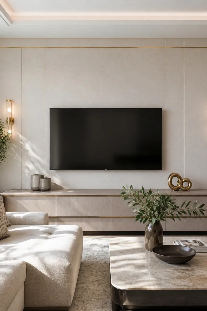 A soft white TV wall with fabric-like panel texture. The TV opening is outlined by a very thin brass strip. The center panel is smooth and framed by subtle molding, and a warm LED strip lights the perimeter.