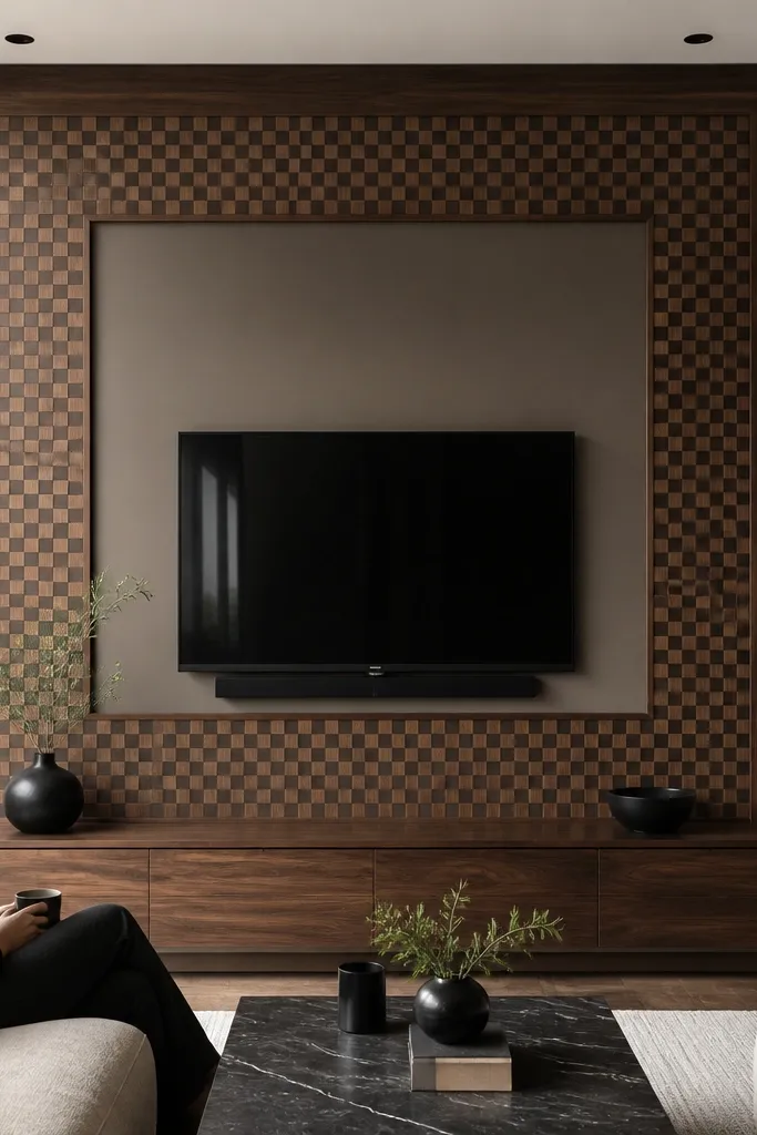A TV wall with a matte painted center panel in warm gray. Around the panel is a walnut veneer border arranged in a subtle checker pattern. The TV sits within the matte center, and the console is plain white oak. There are hidden LEDs that make the border glow.