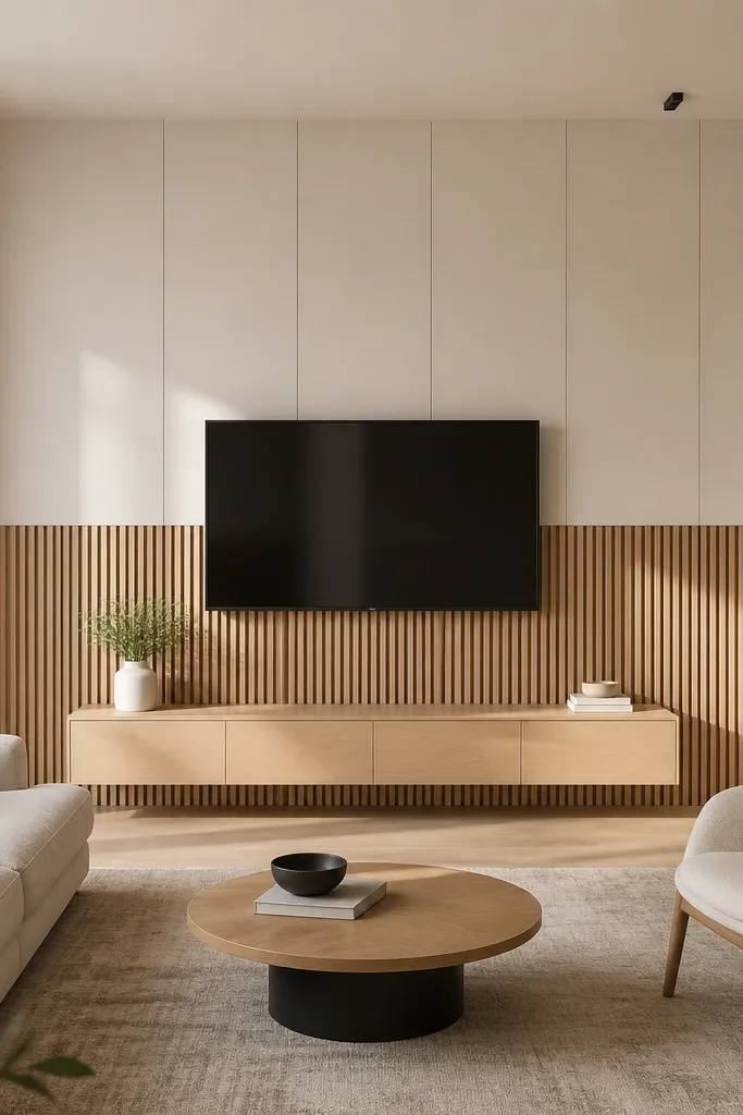 A TV wall split into two zones. The top area is warm white smooth paneling, and the bottom area has horizontal oak slats. The TV is centered on the boundary line with a recessed niche and thin shadow gaps. Lighting is hidden behind the top panel edge.