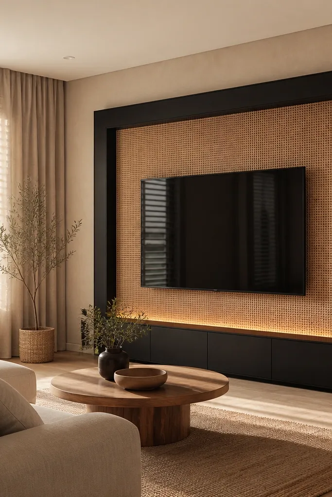 A modern TV wall with a central inset made of rattan cane paneling. The inset is framed by a sleek black surround and a thin matte black shelf under the TV. The lighting is warm and indirect, creating a soft glow through the cane texture.