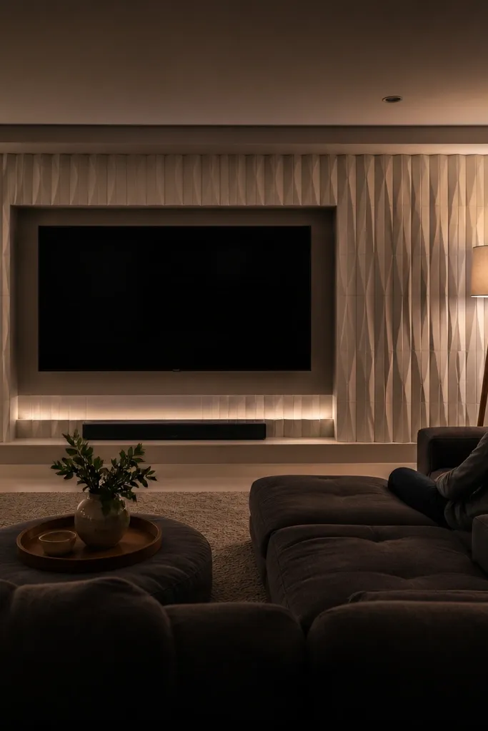 A TV wall with subtle 3D acoustic panels painted a soft greige. The TV sits in a recessed box with clean edges and a thin trim line. The wall has a gentle light wash from an LED strip hidden behind the top of the box.
