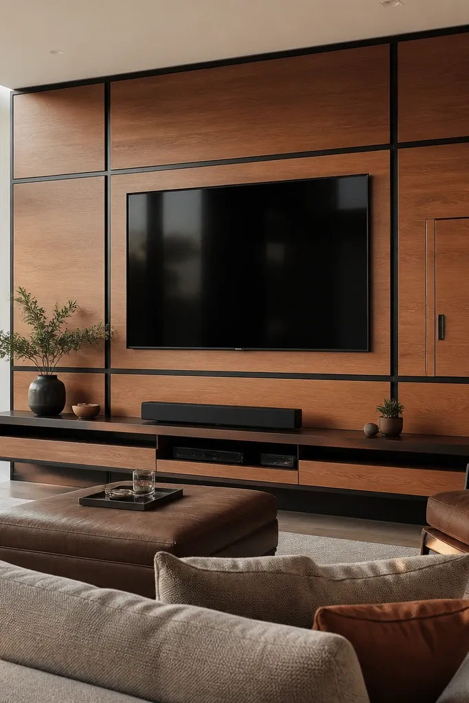 A TV wall with a blackened steel grid frame. Warm oak panels fill the grid sections, and there's a concealed service door behind the TV area for cables. The TV is mounted inside the grid with a thin black border. A single LED strip lights the inner grid edges.