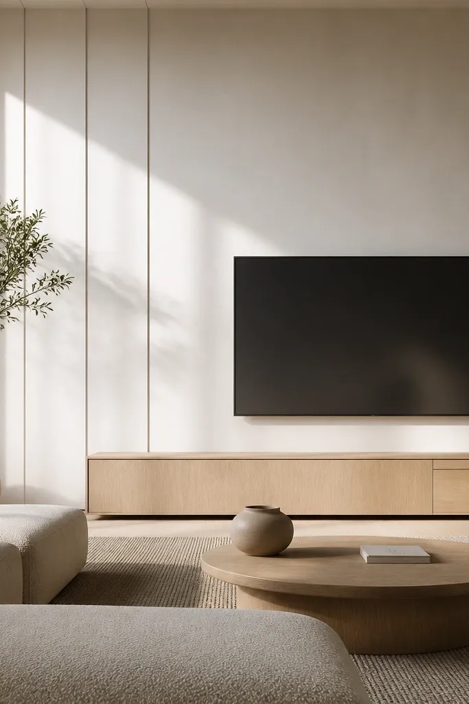 A smooth plaster-like wall in warm white with several thin vertical shadow lines. The TV is mounted in the center with a recessed area and a minimal trim border. Small wall lights graze the vertical lines, creating long highlights.