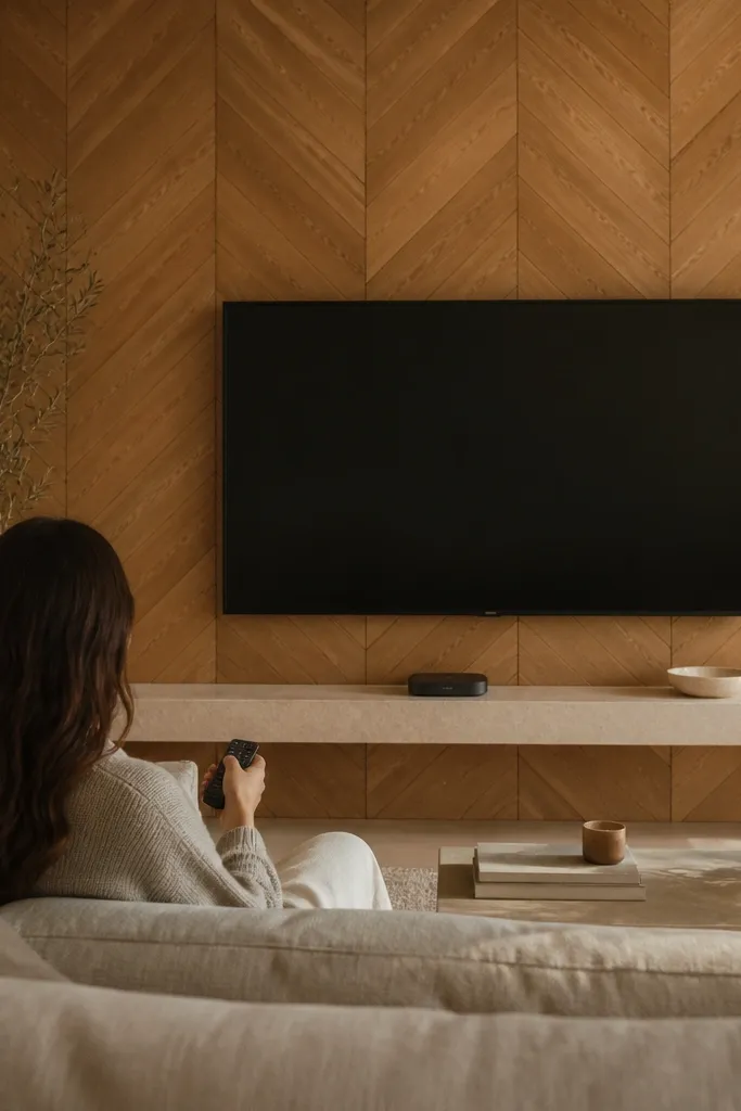 A TV wall with chevron oak paneling forming a geometric pattern around the TV zone. The TV sits inside a bordered opening, and beneath it is a slim stone shelf in light beige. Accent lighting runs along the top edge of the TV opening.