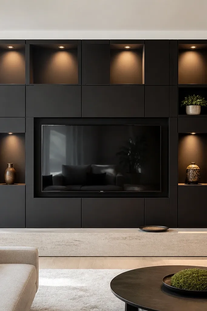 A matte black TV wall with a subtle panel grid. The TV is centered in a recessed rectangle, and warm light spills from small recessed channels around the opening. The console is light wood, and the room has minimal decor.