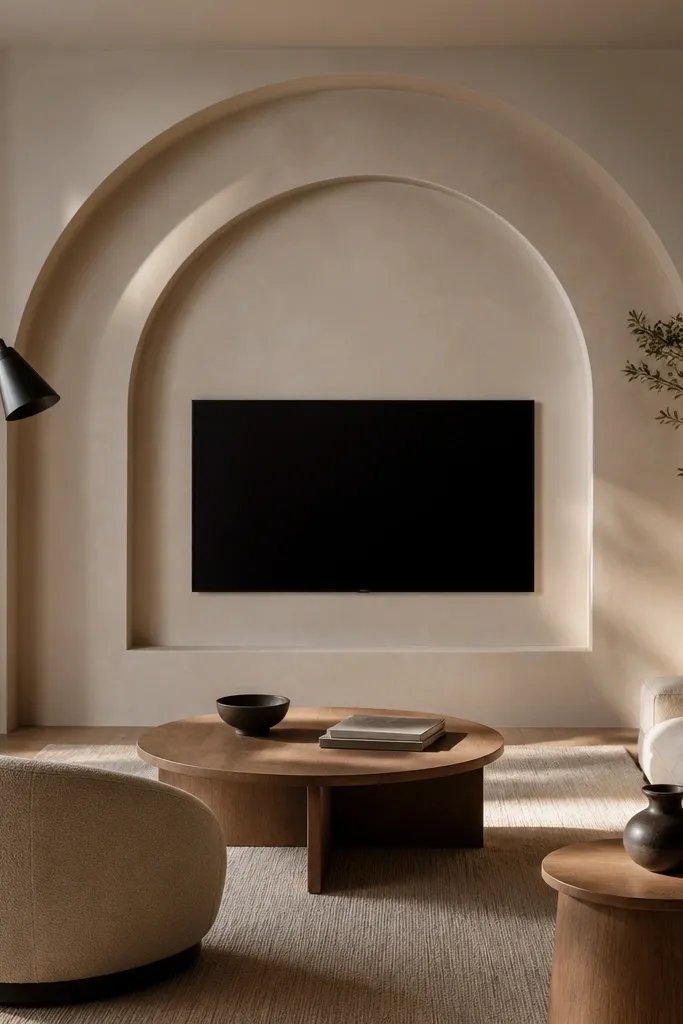 A luxury TV wall with sculpted plaster arches rising behind the TV area. The center panel is flat and smooth, painted the same color, while the arch shapes create shadows. The TV is mounted in the center, with soft indirect lighting from the top corners.