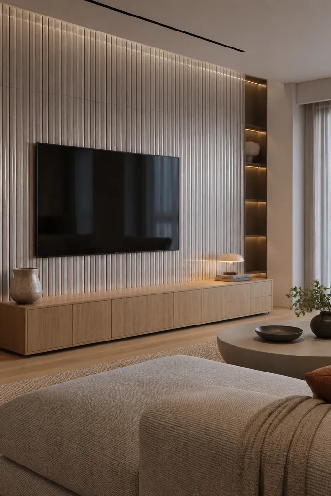A TV wall with vertical ribbed ceramic tiles in a soft warm white. The TV opening is framed by smooth trim, and there are recessed lights that create vertical highlights along the ribs. The console is a simple floating shelf in oak.