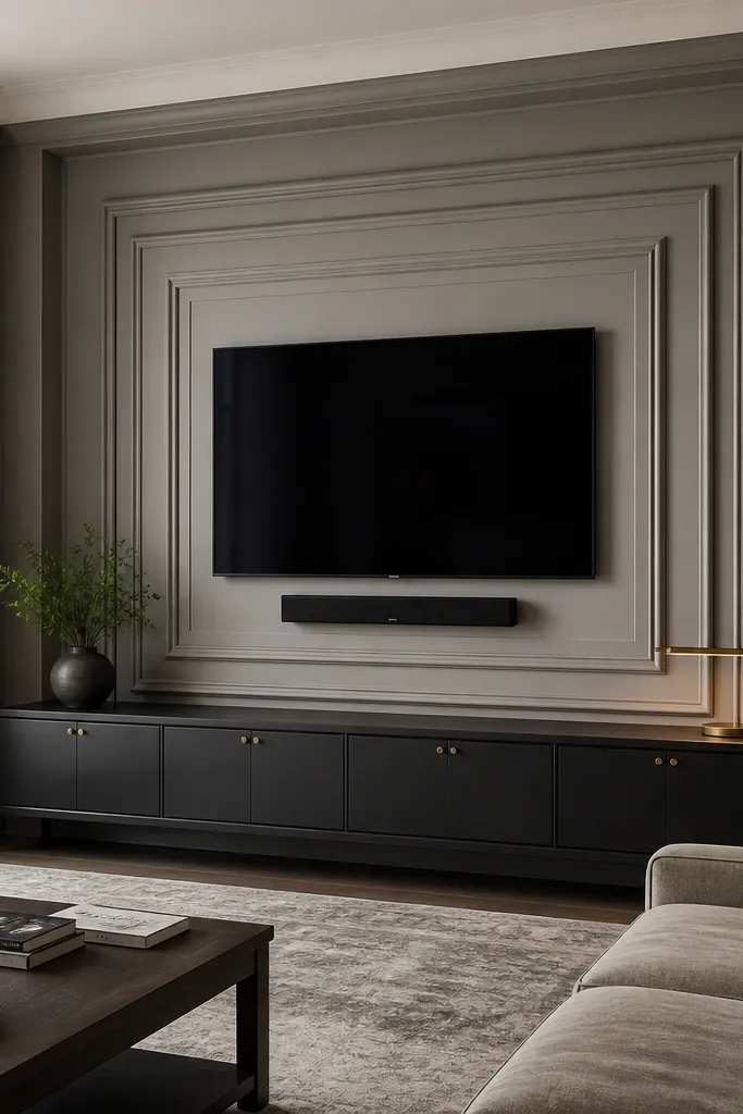 A warm gray MDF TV wall with stepped picture-frame layers around the TV. Each layer is a different depth, creating a shadow effect. The TV is mounted centrally, and there's a slim warm LED glow behind the deepest layer. The console is white oak with black legs.