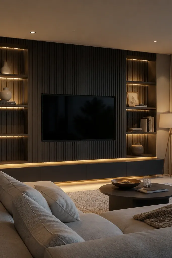A charcoal slat TV wall with vertical slats behind the TV. On both sides are backlit alcove shelves with glass or open compartments. The TV sits centered, and the shelves glow softly with warm LEDs. A dark console sits below.