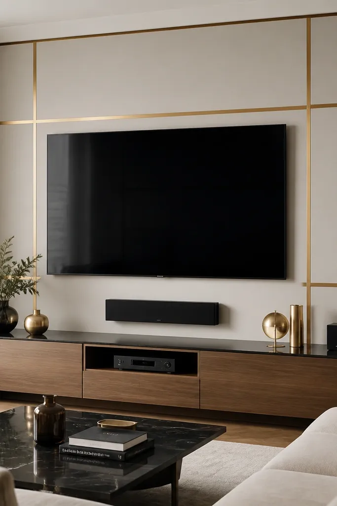A matte off-white panel TV wall with thin brushed brass trim lines forming a clean rectangle and vertical accents. The TV sits centered in the framed area. The wall has subtle warm LED lighting behind the brass lines, and the console is light oak.