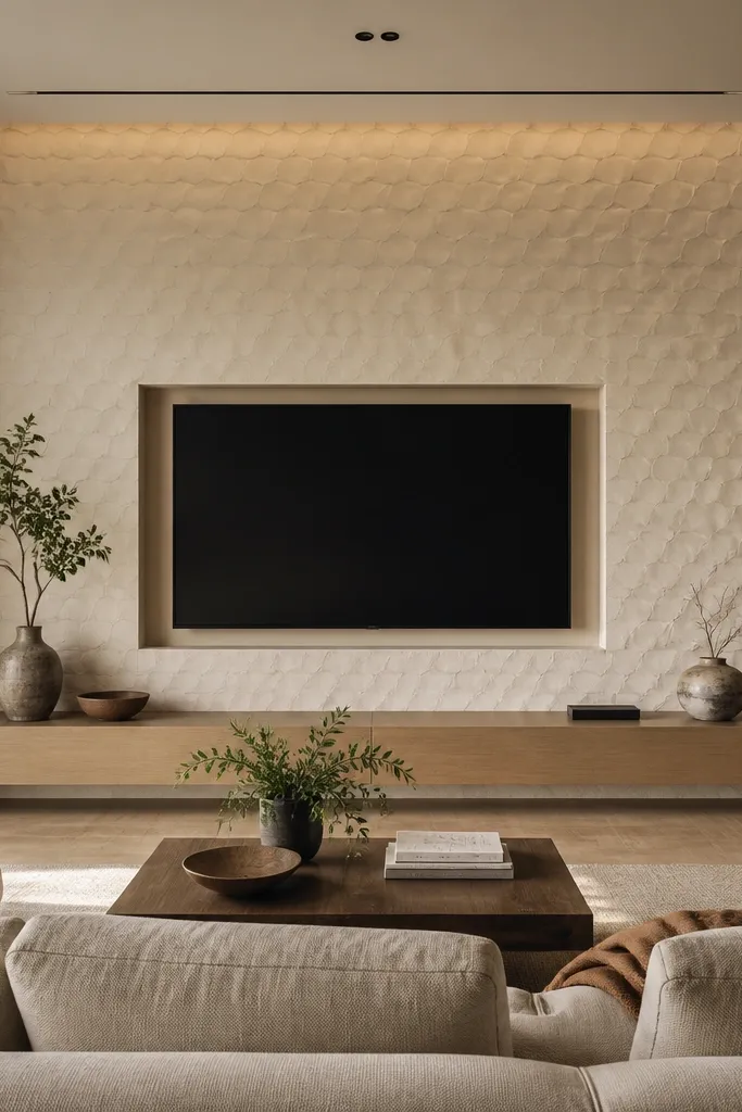 A cream TV wall with tiny micro-scallop plaster texture across the feature zone. The TV is set into a centered recessed niche with smooth trim. Warm indirect lighting creates a soft glow across the scalloped surface. The console is light wood with minimal trim.