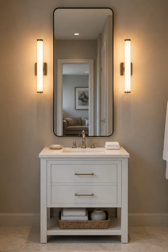A small full bathroom shows a white shaker 30-inch vanity with a thin-profile countertop. A tall 36-inch mirror rises nearly to the cabinet top. Two slim black wall sconces flank the mirror, casting warm light. The wall behind is painted a soft greige, and towels hang on a chrome bar to the side of the vanity.