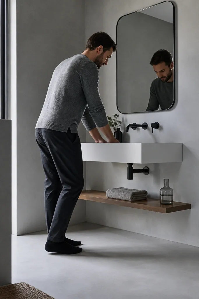 A compact full bathroom has a wall-mounted white oval sink with visible plumbing. Under the sink, there's no cabinet, just open space. Above and slightly to the left sits a floating shelf with small glass jars. The backsplash is small-format white subway tile, and a round mirror hangs over the sink.
