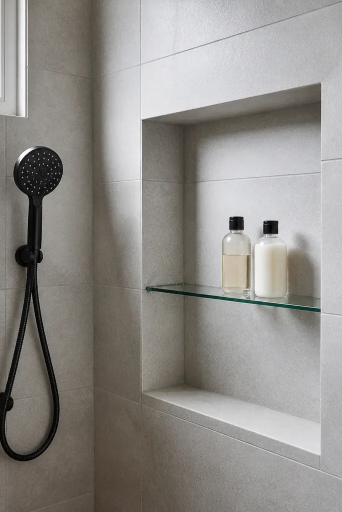 In a small shower, there's a recessed corner niche finished in the same tile as the walls. The niche is square and clean, with no extra ledges. A frameless glass door is visible, with thin metal hardware. The shower floor has small pebble-like tiles in a muted gray tone.