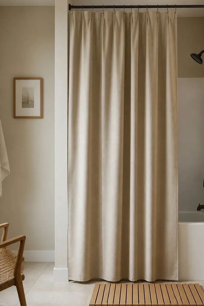 A small full bath has a tub with a tension rod and a curtain that reaches close to the ceiling. The curtain is a textured linen-look fabric in warm white. The hem has visible weights so it hangs straight. A small niche shelf is absent; the wall is kept simple with a single towel ring.