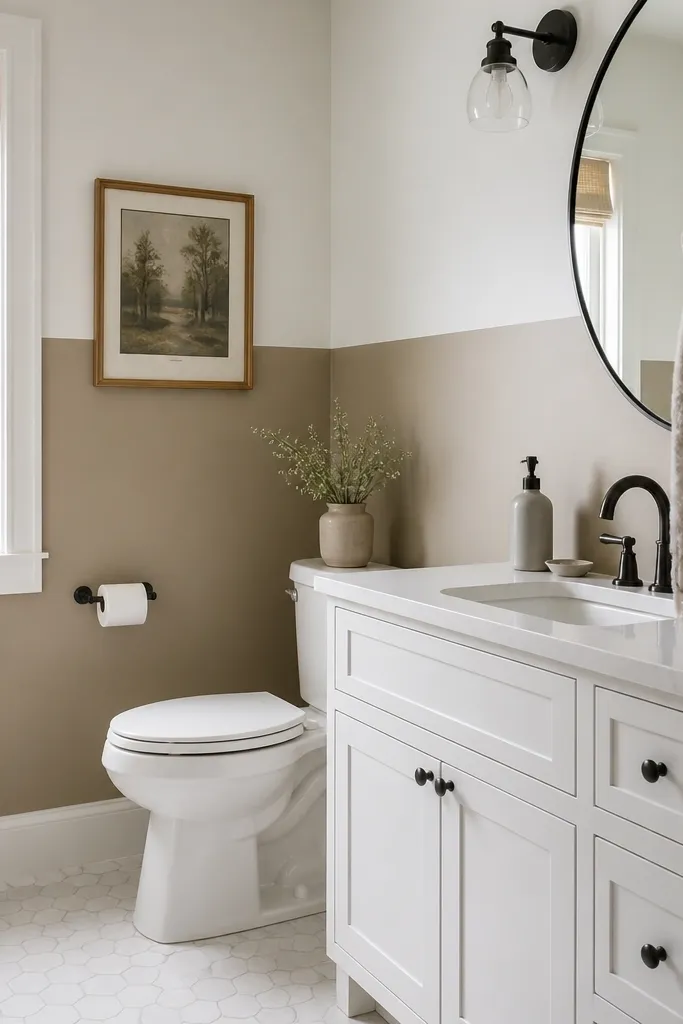 A small full bathroom has painted walls split horizontally: soft white on top and warm sand on the lower half. The lower band is around 48 inches tall. Trim and door edges are semi-gloss and reflect light. A white vanity sits under a round mirror, and the toilet is in front of the painted wall.