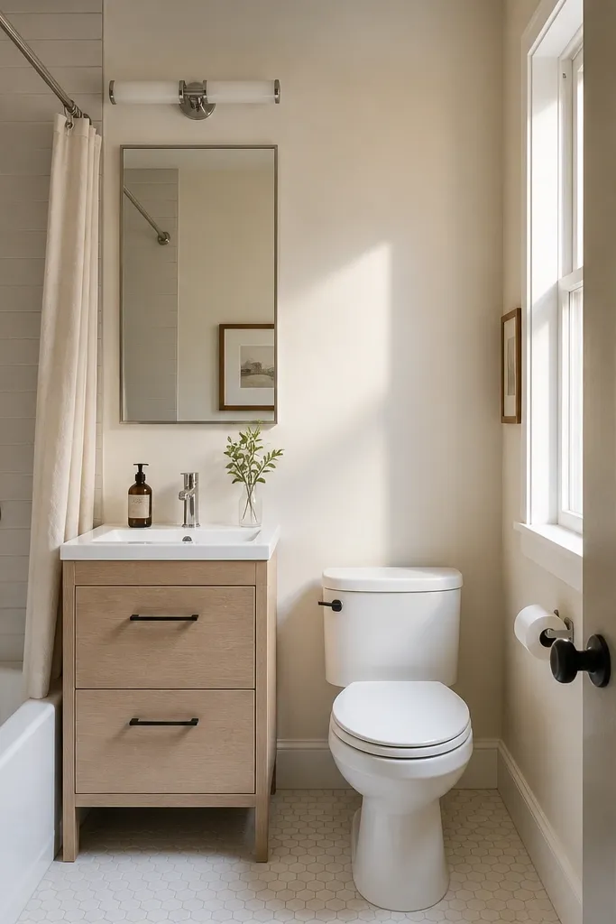 A small full bathroom has an 18-inch wide vanity in light oak with deep drawers. Above the sink, the mirror is a recessed medicine cabinet with a flush door. The lighting is a single bar light overhead. The wall is painted a warm off-white and the floor is small hex tile.