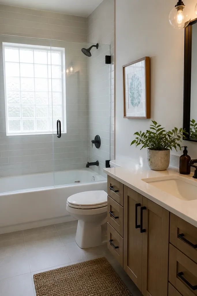 A small full bathroom shows a window with a frosted film pattern that mimics glass blocks. The shower has a clear glass door with minimal metal frame. The walls are painted a soft white, and the vanity mirror is rectangular with a simple frame.