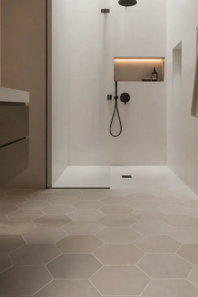 The floor has small muted taupe hex tiles with light grout. The shower wall is white with simple subway tile and minimal grout lines. The vanity is white with a brushed nickel faucet. A round mirror hangs centered above the sink.