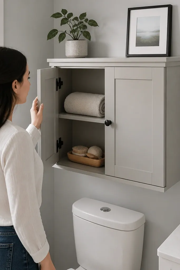 Above the toilet, there's a low-profile cabinet with closed doors in white. The cabinet height stops below the ceiling, leaving a gap. Inside are shelves with baskets. The toilet paper holder is on the wall nearby, and a framed mirror hangs above the vanity.