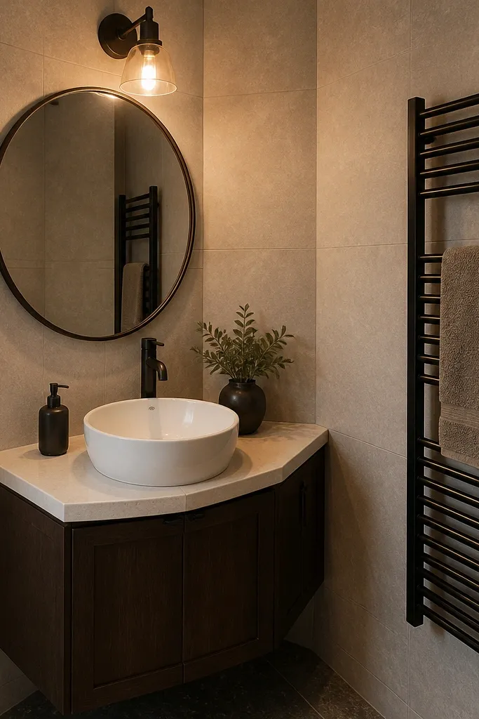 A small full bathroom uses a corner sink with a curved vanity base. Above it is a round mirror that sits slightly higher than the sink rim. A narrow radiator-style towel rack is mounted on the adjacent wall. The walls are painted a soft green-gray and the shower has a compact glass enclosure.